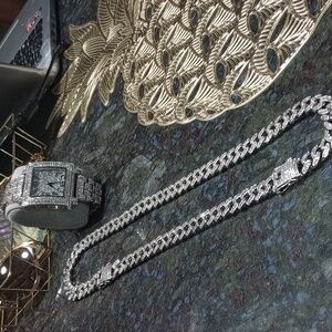 Long Set 26" white silver & heavy watch Imported  collection lab diamond... $200